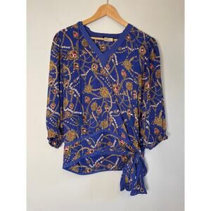 Diane Freis women’s blouse ruby necklace and pearl necklace motif